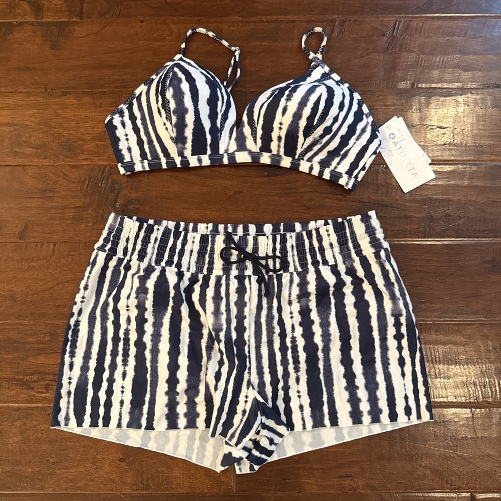 Athleta Wave Break Swimwear Set 2 Pc Board Shorts Bottom Bikini Top Navy Size XL